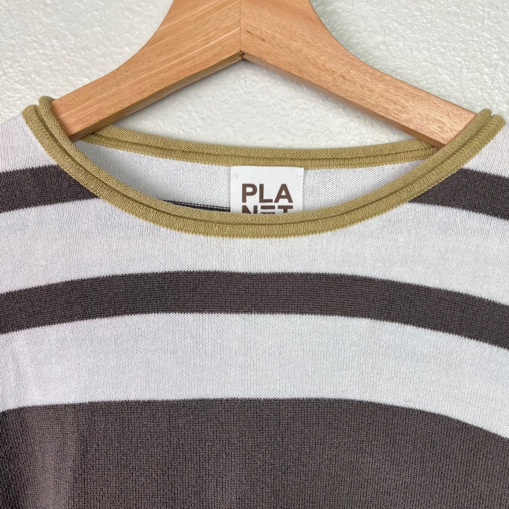 Planet by Lauren G Striped Pima Cotton Modal Knit Sweater Brown White One Size - Picture 2 of 10